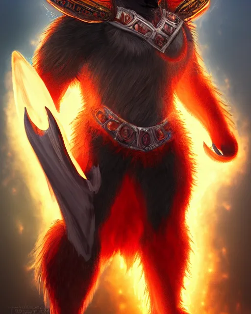 Image similar to fury art, an anthro ape wearing a large cape and a fantasy armor, fire, ice, fiery background, 3 d, 8 k, extremely detailed, trending on furaffinity, trending on artstation, award winning, sharp focus, illustration