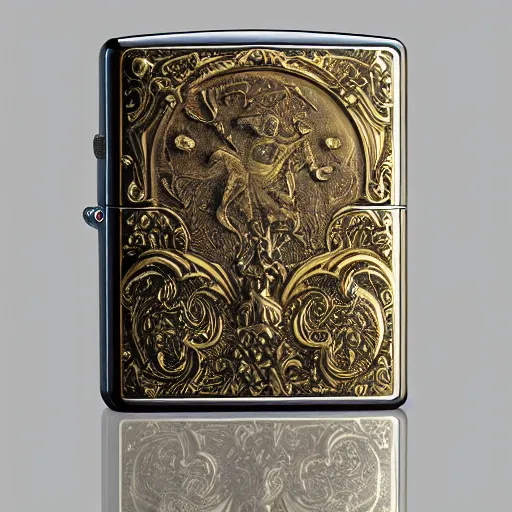 Prompt: concept art zippo lighter, baroque style art, brass, inlaid white stone, octane render, fill light, intricate, detailed, etching, Photorealistic, high definition, 4k, 8k, product