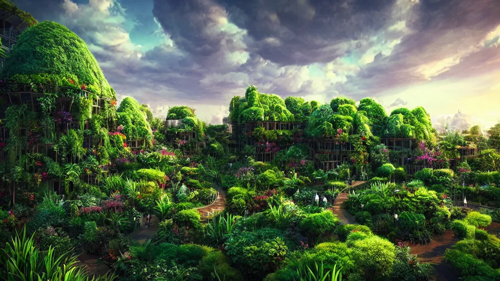 Image similar to babylon sky garden, rising series layered garden, shrubs and vines, dramatic lighting, epic composition, wide angle, wild breathing, jonas drow and beeple and studio ghibli style, in artstation hdr, wild breathing, c 4 d rendering