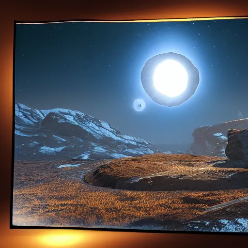 Image similar to nuclear blast eclipse, small in size, rocky mountains, highly detailed, photorealistic shot, bright studio setting, studio lighting, crisp quality and light reflections, unreal engine 5, quality render, art by sandra pelser