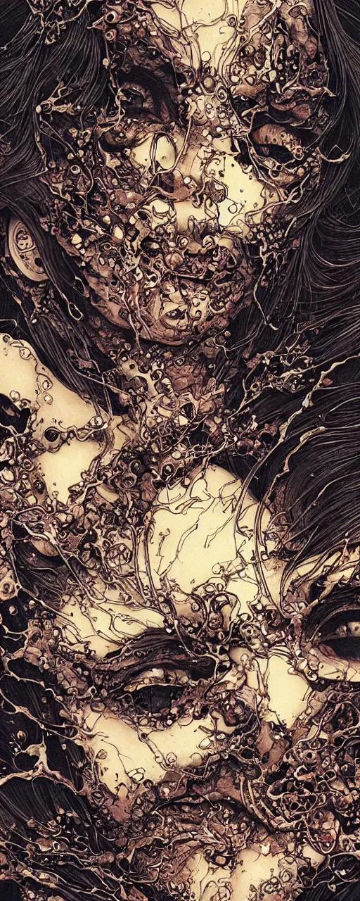 Image similar to closeup of face melting in agony been pulled by hands, inside a frame on a tiled wall, frontal picture, by yoichi hatakenaka, masamune shirow, josan gonzales and dan mumford, ayami kojima, takato yamamoto, karol bak