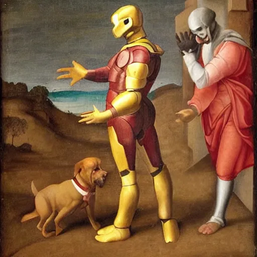 Prompt: renaissance painting of an anthropomorphic dog wearing an iron man suit