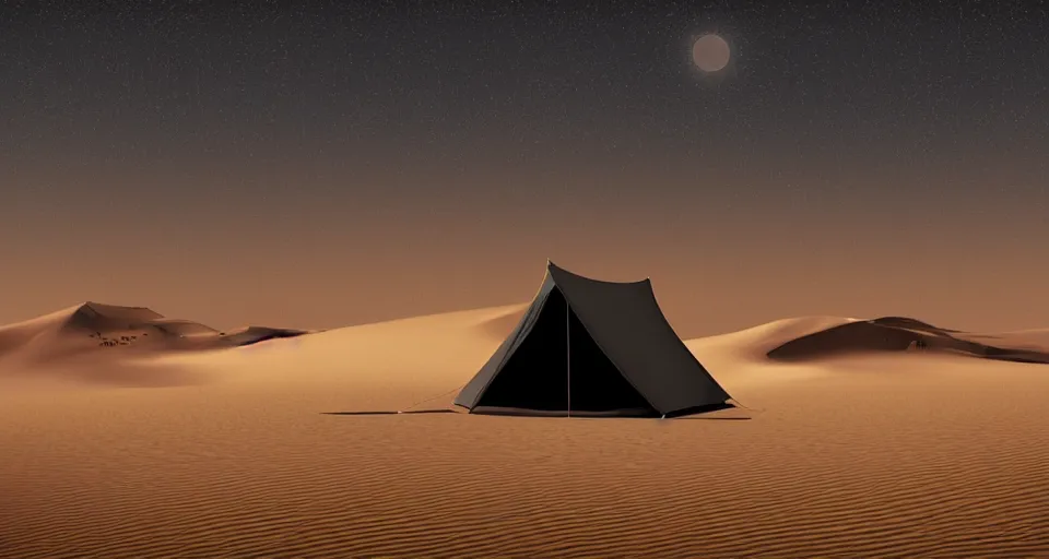 Image similar to hyper realistic matte painting of a small tent in the desert with dunes at midnight, very dark black color scheme, artstation