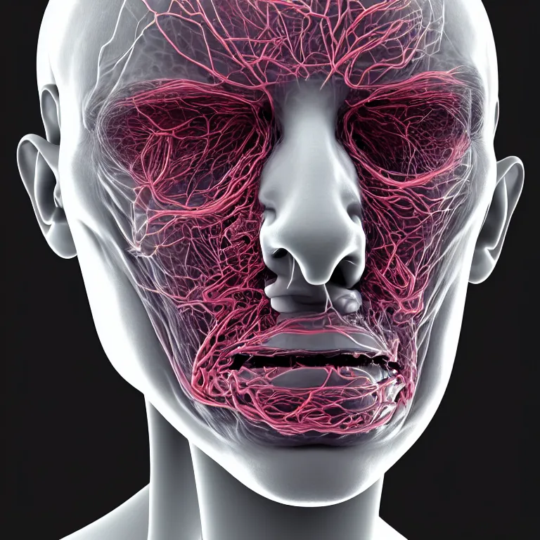 Image similar to portrait of neural nightmares, detailed face face face face, facial structure, hd, 8 k, very very very very electronic, biomechanical, biology, bio, neural machine