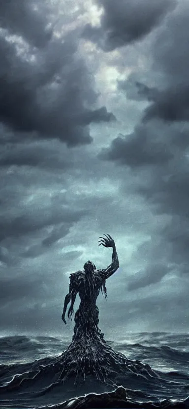 Image similar to giant creepy monster made of water, made of liquid, rising up from ocean, water armor, high detail, high contrast, close up portrait, studio lighting, stormy seas, beautiful, bokeh, snowy, storm clouds, god rays, d & d, fantasy, elegant, aquamarine color palette, concept art, roger deakins and greg rutkowski and alphonse mucha
