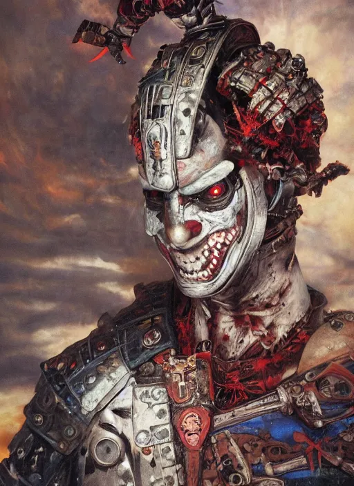 Image similar to portrait of a diabolical cyborg clown samurai, torn cape, adaptive armor, dynamic pose, heavy eyes to the side, ancient ruins, glowing veins subsurface scattering, in clouds, sunset, portrait, by gerald brom, by mikhail vrubel, by peter elson, muted colors, extreme detail, reflections, trending on artstation, 8 k