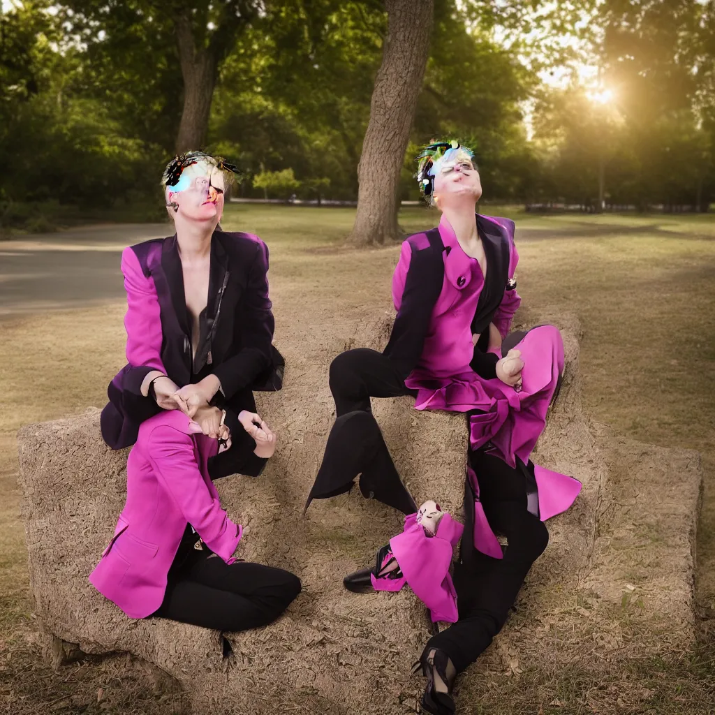 Prompt: A dramatic Close-Up portrait of a stylish girl with short pink hair (looks like Miley Cyrus), wearing a blazer, sitting in park at sunrise. Portrait Alex Turnheart, Zee Day, and Sarah Finegold. Studio photography. 3-Point Lighting. Retouched. 4K HD Wallpaper. Premium Prints Available.