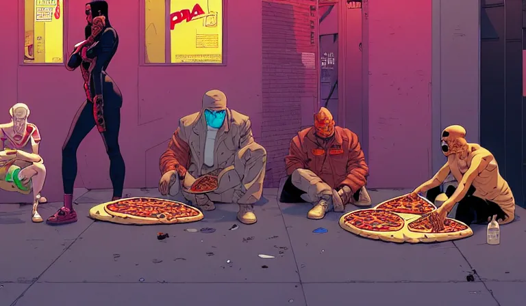 Prompt: cyborg eating pizza at a dirty crowded streetcorner, cyberpunk, by Josan Gonzalez and Tomer Hanuka and Moebius, bokh, dof