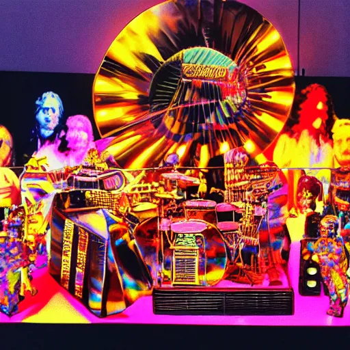 Image similar to led Zeppelin on a stage made of candy, 8k photographic realness, amazing fineline detail