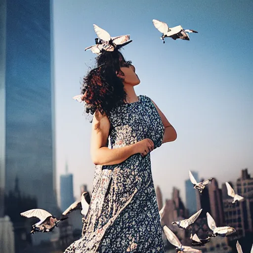 Prompt: “a woman wearing a dress that is turning into a flock of pigeons, standing on the roof of an urban building in NYC, fashion photography, photorealistic, bloom lighting”