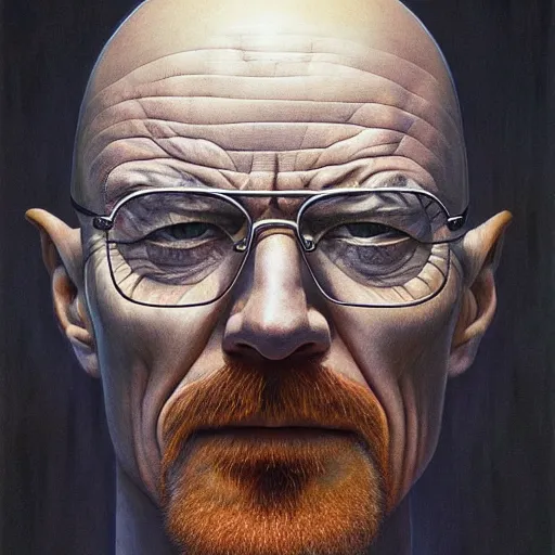 Prompt: walter white having an ego trip, by alex grey, by Esao Andrews and Karol Bak and Zdzislaw Beksinski and Zdzisław Beksiński, trending on ArtStation