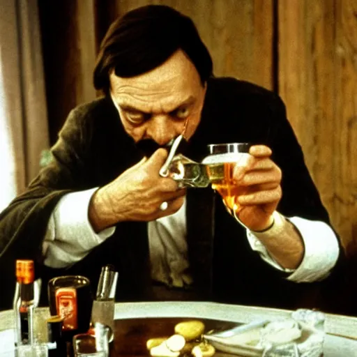 Image similar to andrei tarkovsky and stanley kubrick drinking vodka, realistic