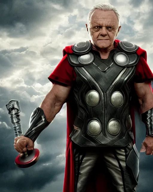 Prompt: Anthony Hopkins as Thor with hammer, in the movie Thor: Love and Thunder, cinematic drone photography