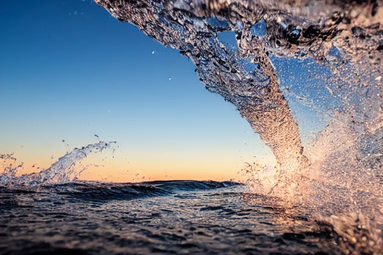 Image similar to high-speed extreme close-up photography splashing wave breaking on the ocean's sandy shore at sunset