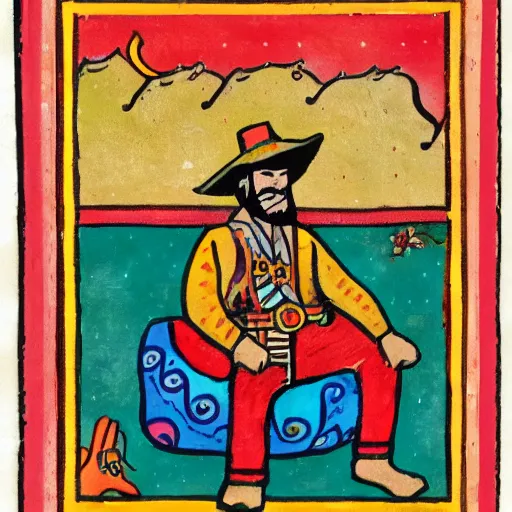 Image similar to scruffy cowboy sitting cross legged, persian folkore artstyle, calligraphy border