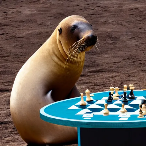 Prompt: photo of a sea lion playing chess with a stand fan, award-winning photograph, national geographic, 8k