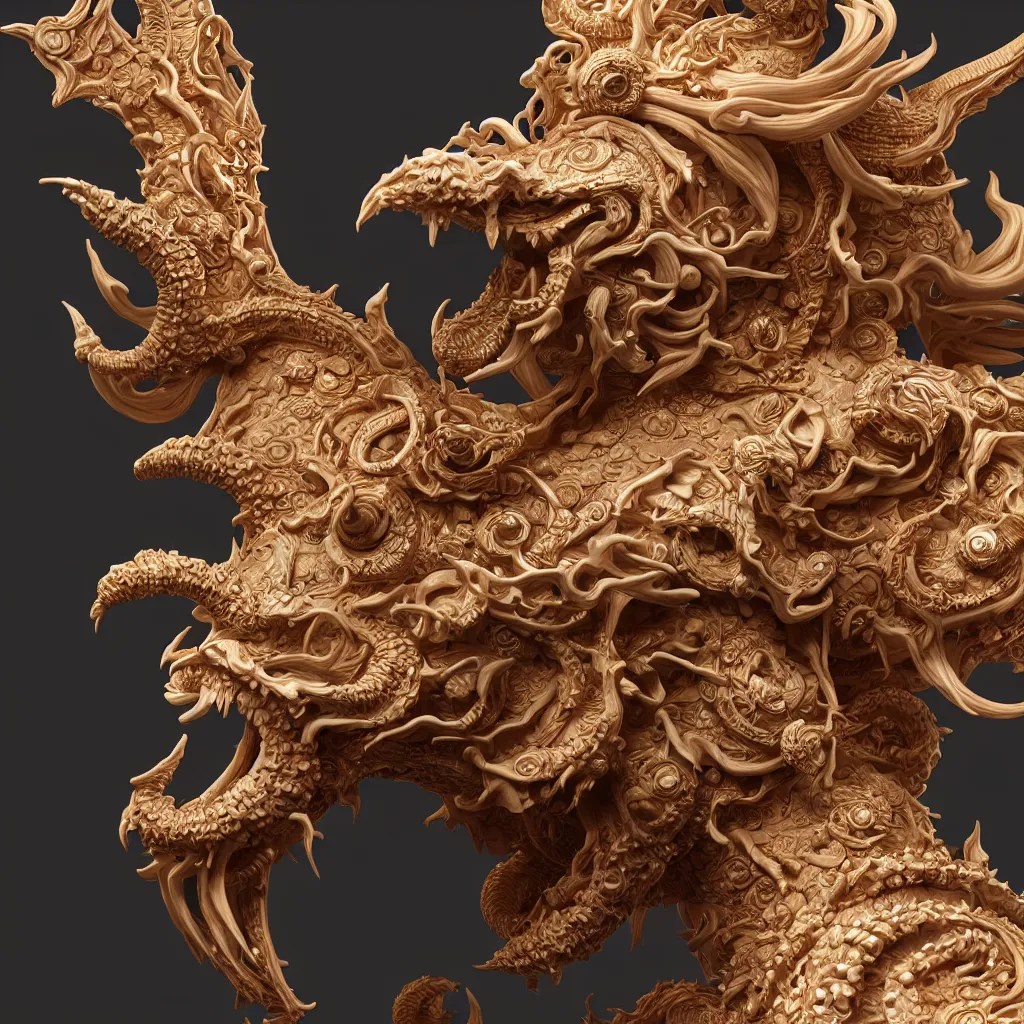 Image similar to a closeup photo - real delicate ceramic porcelain sculpture of an ornate detailed typhon in front of an intricate background by rafael, micro detail, backlit lighting, subsurface scattering, translucent, thin porcelain, octane renderer, colorful, physically based rendering, trending on cgsociety