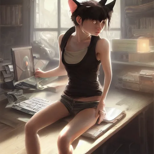 Prompt: woman wearing tank top and cat ears plays on computer, digital art, photorealistoc, art by greg rutkowski, hyperdetailed, western comic style, comic, comic style, sharp lineart, professional lighting, deviantart, artstation, trevor henderson, rossdtaws, cinematic, dramatic