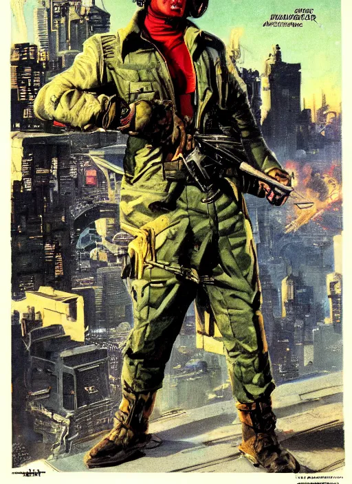 Image similar to cyberpunk mercenary. portrait by john philip falter and will eisner and gil elvgren