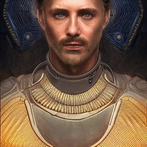 Prompt: sci - fi portrait of paul atreides by jean delville and mickelangelo, baroque, intricate, hyperealistic, photoreal, 8 k resolution, highly detailed, proffesional illustration, high contrast, ambient occlusion, octane render, unreal engine 5