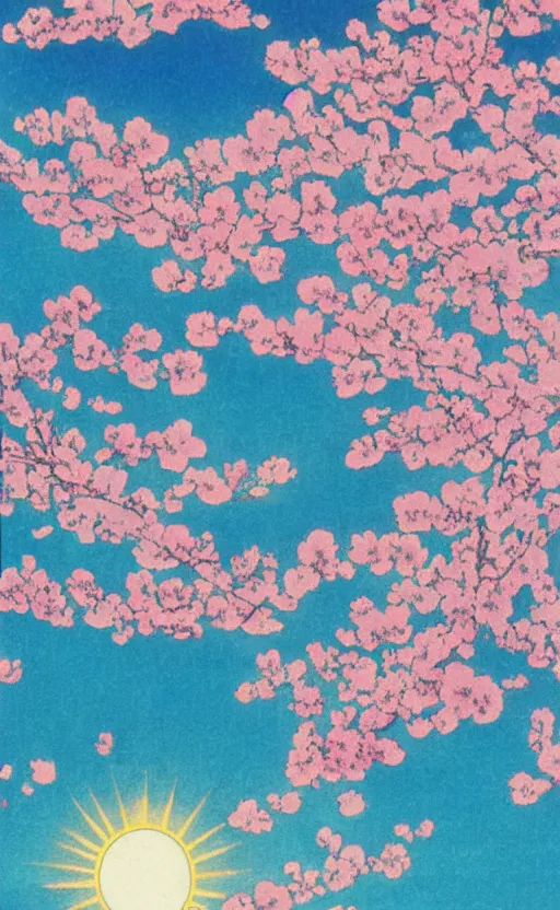 Prompt: by akio watanabe, manga art, blossoming sakura petals and white sky, trading card front, sun in the background