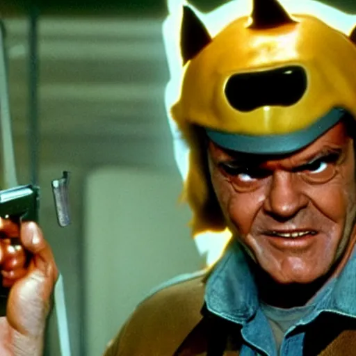 Image similar to Jack Nicholson plays Terminator, scene where he shoots Pikachu, yellow fur explodes