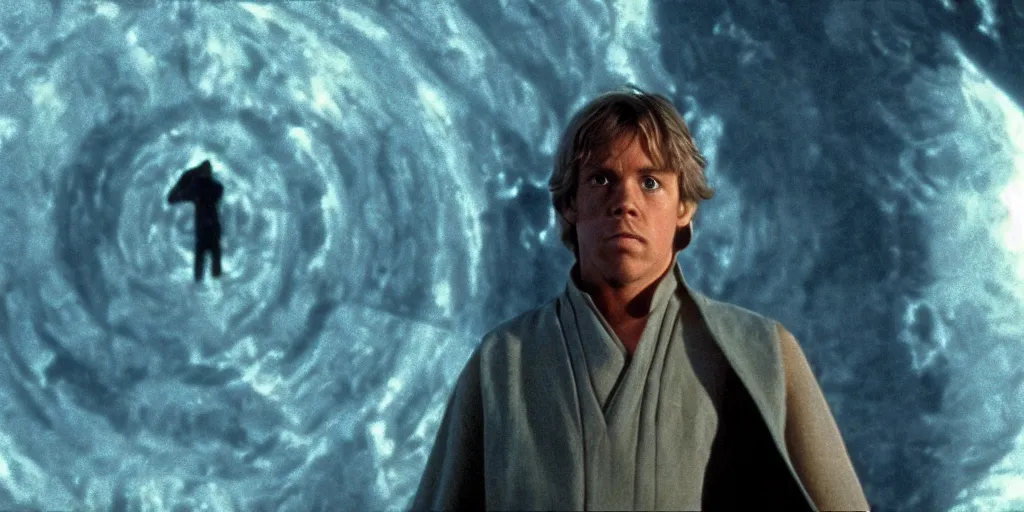 Image similar to screenshot portrait of Luke Skywalker, on a planet of maelstrom, chaos, the world without form and void, 1970s film by Stanley Kubrick, iconic scene, HR Geiger design, stunning cinematography, hyper-detailed, sharp, anamorphic lenses, kodak color, 4k, stunning