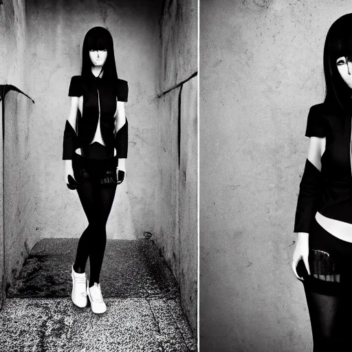 Image similar to fashion realistic photography of an manga model, wearing demobaza fashion, inside berghain, berlin fashion,, futuristic fashion, dark minimal outfit, photo 3 5 mm leica, hyperdetail, berghain, 8 k, very detailed