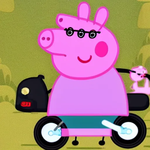 Image similar to peppa pig riding a scooter on a mountain