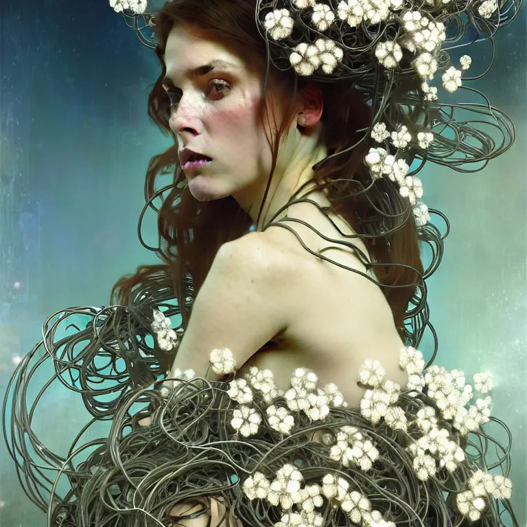 Image similar to hyperrealist portrait of a 2 0 4 4 space sport engineer, it is decorated with long wires and white flowers that fall like vines and wears a huge computer crown. by jeremy mann and alphonse mucha, fantasy art, photo realistic, dynamic lighting, artstation, poster, volumetric lighting, very detailed faces, 4 k, award winning