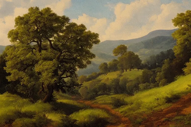 Image similar to masterpiece painting of oak trees on a hillside overlooking a creek, by gunnar mauritz widforss