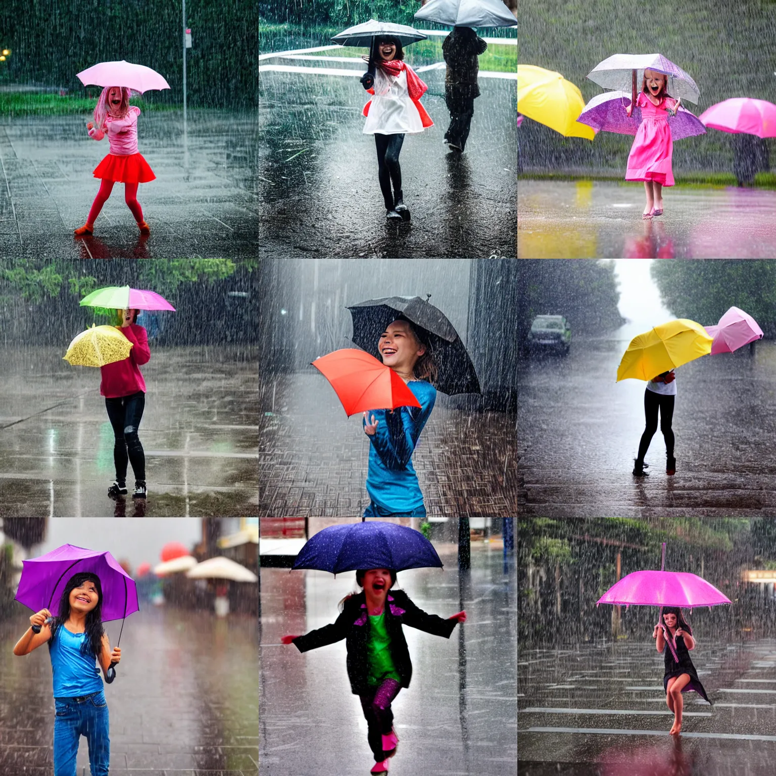 Prompt: super happy girl is holding an umbrella in heavy rain and dances in the rain