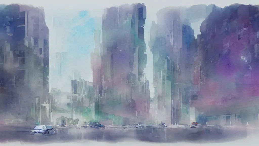 Prompt: watercolor mockup of modern future city, quick aquarelle painting