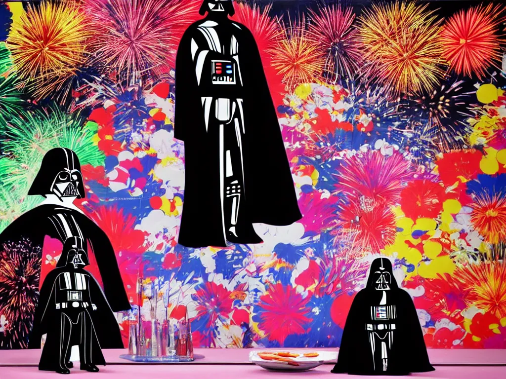 Image similar to hyperrealistic composition, in the middle a woman in a japanese kimono, behind her stands darth vader, in front of her a table from the casino, in the background is mount fuji and fireworks, pop - art style, jacky tsai style, andy warhol style, acrylic on canvas