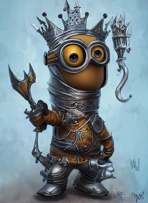 Image similar to Minion Bob as a Knight King, funny pose, fantasy art, intricate, ornate, Hyperdetailed, digital art, behance, artstation, smooth, illustration, digital painting, elegant, symmetrical,