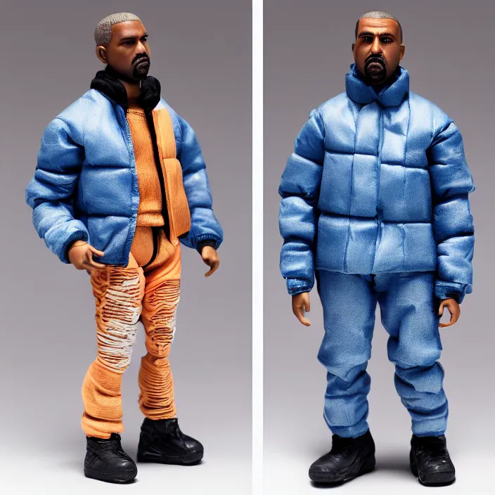 Image similar to a action figure of kanye west using full face - covering mask with small holes. a small, tight, undersized reflective bright blue round puffer jacket made of nylon. a shirt underneath. jeans pants. a pair of big rubber boots, figurine, detailed product photo, 4 k, realistic, acton figure, studio lighting, professional photo