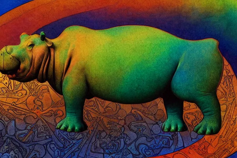 Image similar to beautiful mechanical hippopotamus by maxfield parrish, mandala, coherent design, symmetrical, vivid colors, digital watercolor ink illustration painting, complementary color, golden ratio, detailed, sharp lines, sharp focus, intricate, rainbowshift, artgerm, gustave dore, alphonse mucha, octane render