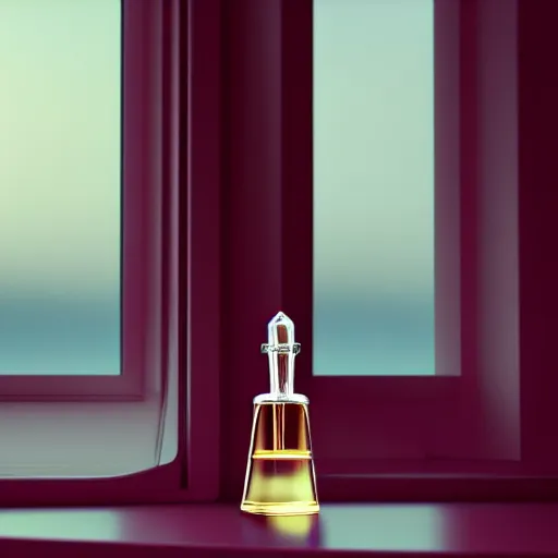 Image similar to perfume bottle on window sill in warm cosy feminine room room with a view of paris eiffel tower, up close shot, sharp focus, zen, clean, modern minimalist, octane highly render, 4 k, ultra hd,