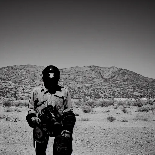 Prompt: a man wearing a gasmask, heavily equipped, in the desert, film still, panasonic 35mm