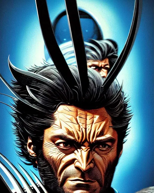 Image similar to wolverine xmen character portrait, portrait, close up, concept art, intricate details, highly detailed, vintage sci - fi poster, retro future, vintage sci - fi art, in the style of chris foss, rodger dean, moebius, michael whelan, and gustave dore