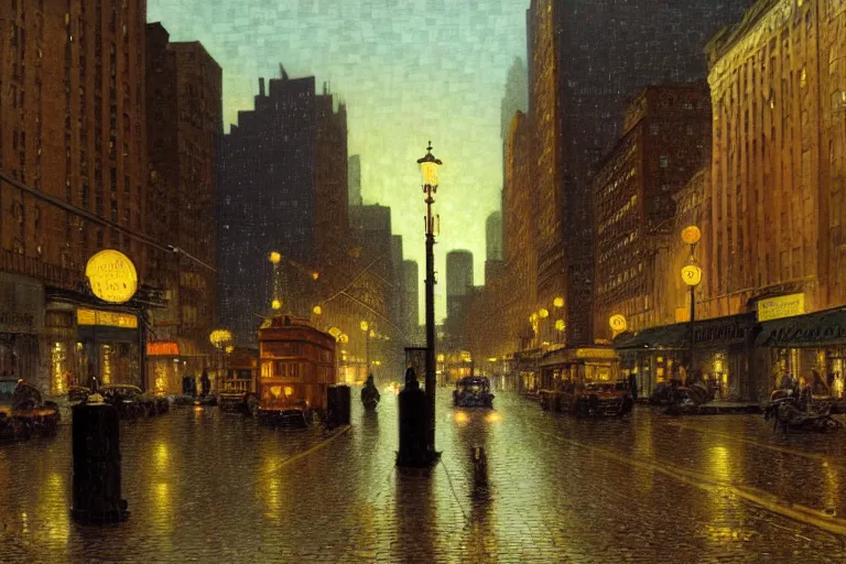 Prompt: painting of the streets of new york at night, streetlights, raining, romantic, by ludwig deutsch and maxfield parrish, patterned tilework, extremely detailed, cinematic lighting, smooth sharp focus