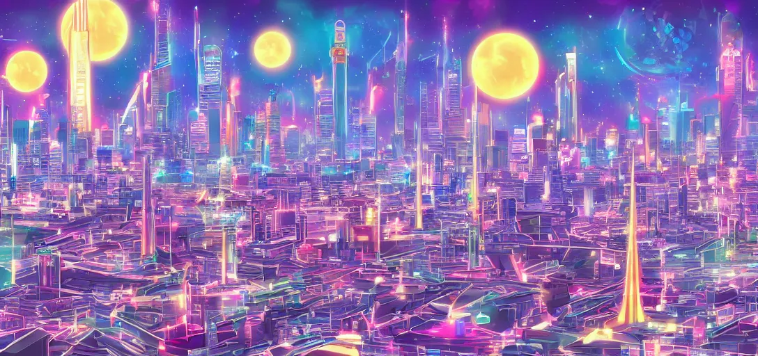 Image similar to The city of Crystal Tokyo from Sailor Moon, circa the year 2994, digital painting