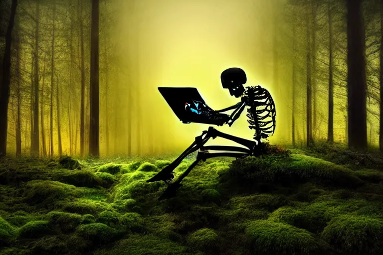 Image similar to a burning with fire human skeleton sitting behind computer, overgrown with moss, in foggy forest, at night with moon light, dark atmosphere, fantasy, digital art