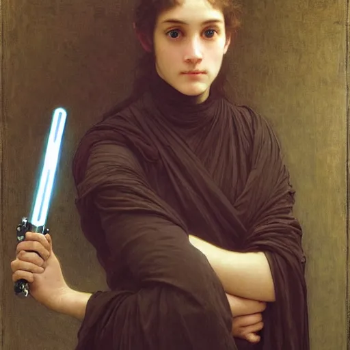 Image similar to a realistic face portrait of a teenage girl who looks like Uma Thurmond and Winona Ryder with an anxious expression and slightly open mouth, wearing ragged Jedi robes and holding a lightsaber, by William-Adolphe Bouguereau, John William Waterhouse, Frederic Leighton, Alphonse Mucha, Edward Burne Jones
