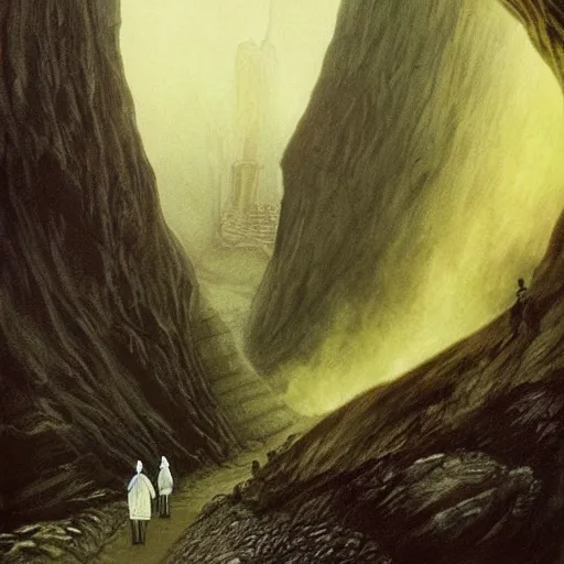 Prompt: A scene from The Lord of the Rings, with Frodo and Sam walking through Mordor. The colors are very dark and ominous, and the composition is very simple. This is an illustration, done in a traditional painting style with a focus on light and shadow. The artist is Alan Lee, and the artwork is called The Journey