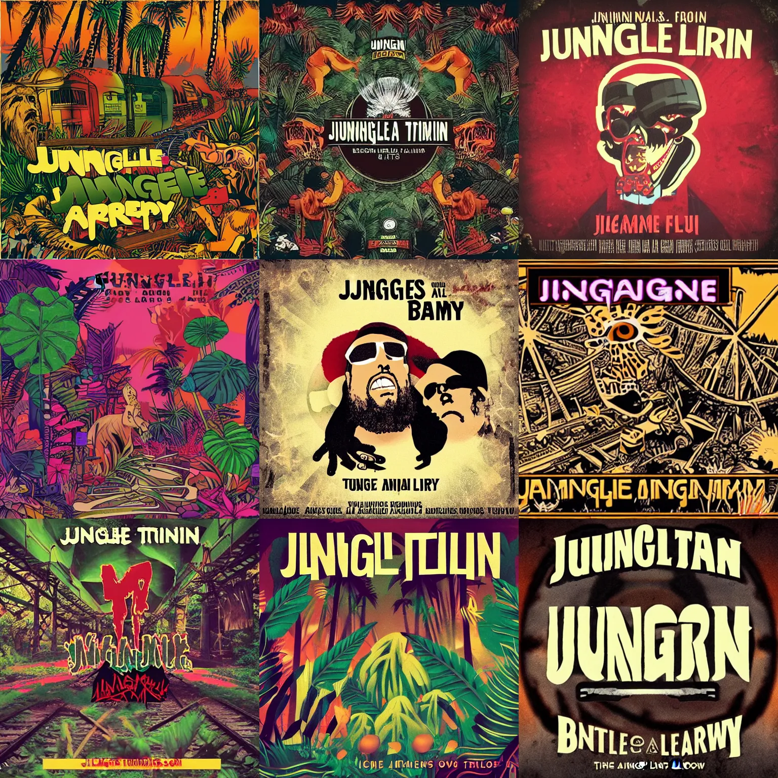 Prompt: jungletrain, amen beats jungle party, drugs, beats, flow, the chronic