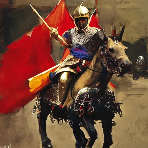 Prompt: mel gibson as rider with couched jousting lance, medieval helmet, colorful caparisons, chainmail, detailed by greg manchess, craig mullins, bernie fuchs, walter everett, low angle