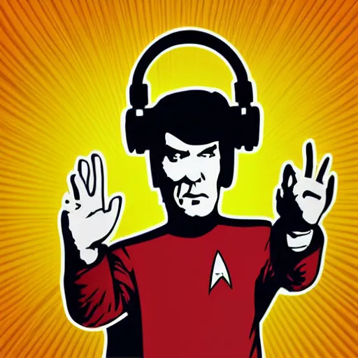 Image similar to a Star-Trek-Captain-Spock, svg sticker, vector art, wearing headphones, jamming to music