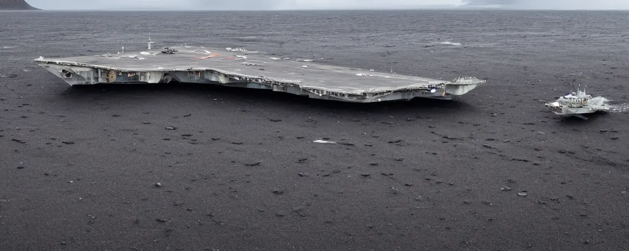 Image similar to low angle cinematic of abandoned aircraft carrier in the middle of endless black sand beach in iceland, rivers
