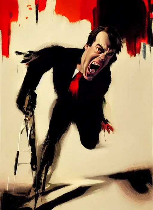 Prompt: bill hader, barry, screaming, painting by phil hale, 'action lines'!!!, graphic style, visible brushstrokes, motion blur, blurry